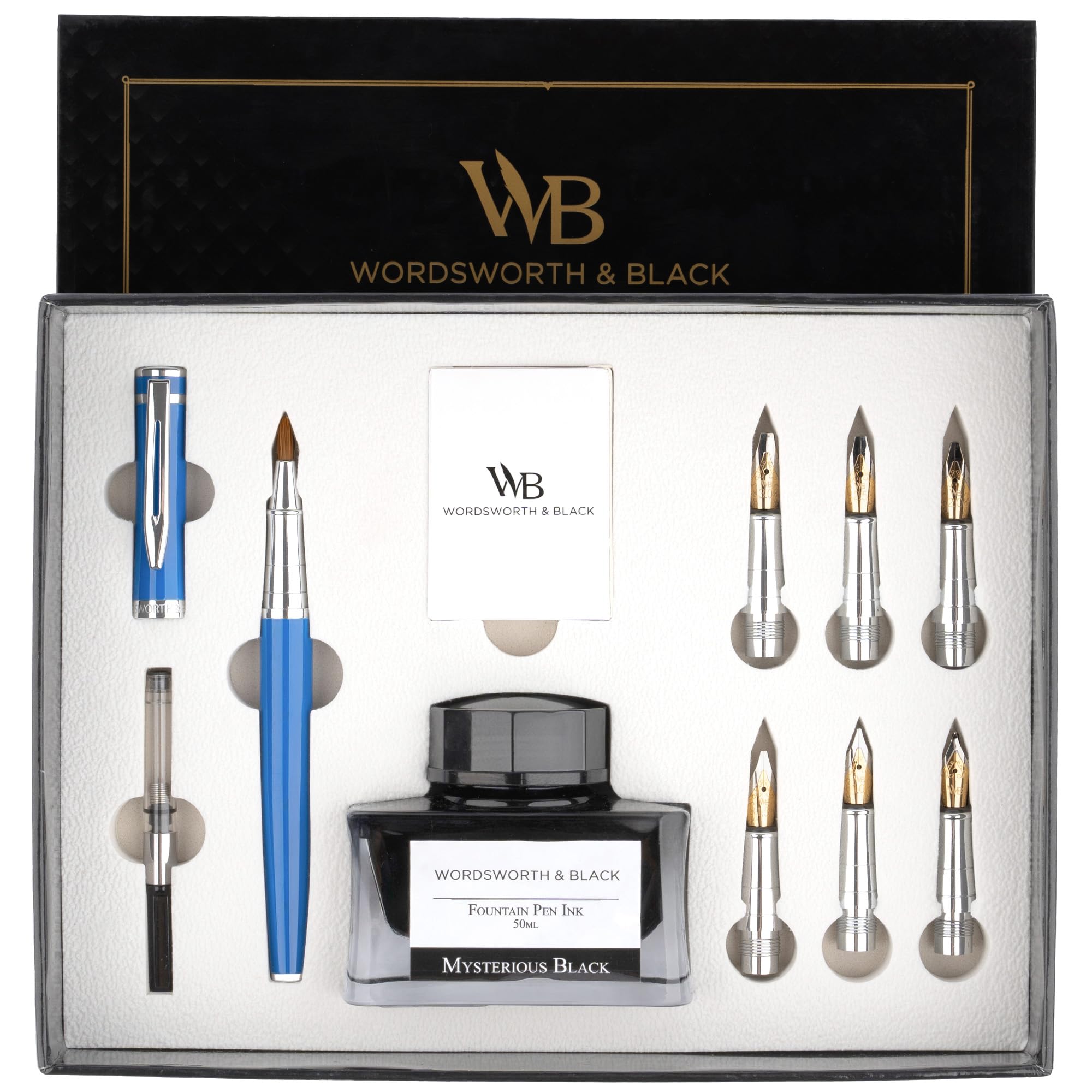 Wordsworth & Black Calligraphy Pen Gift Set, Includes Bottle, 6 Cartridges, Refill Converter, 6 Replacement Nibs, Premium Package, Journaling, Smooth Writing Pens [Blue Chrome]