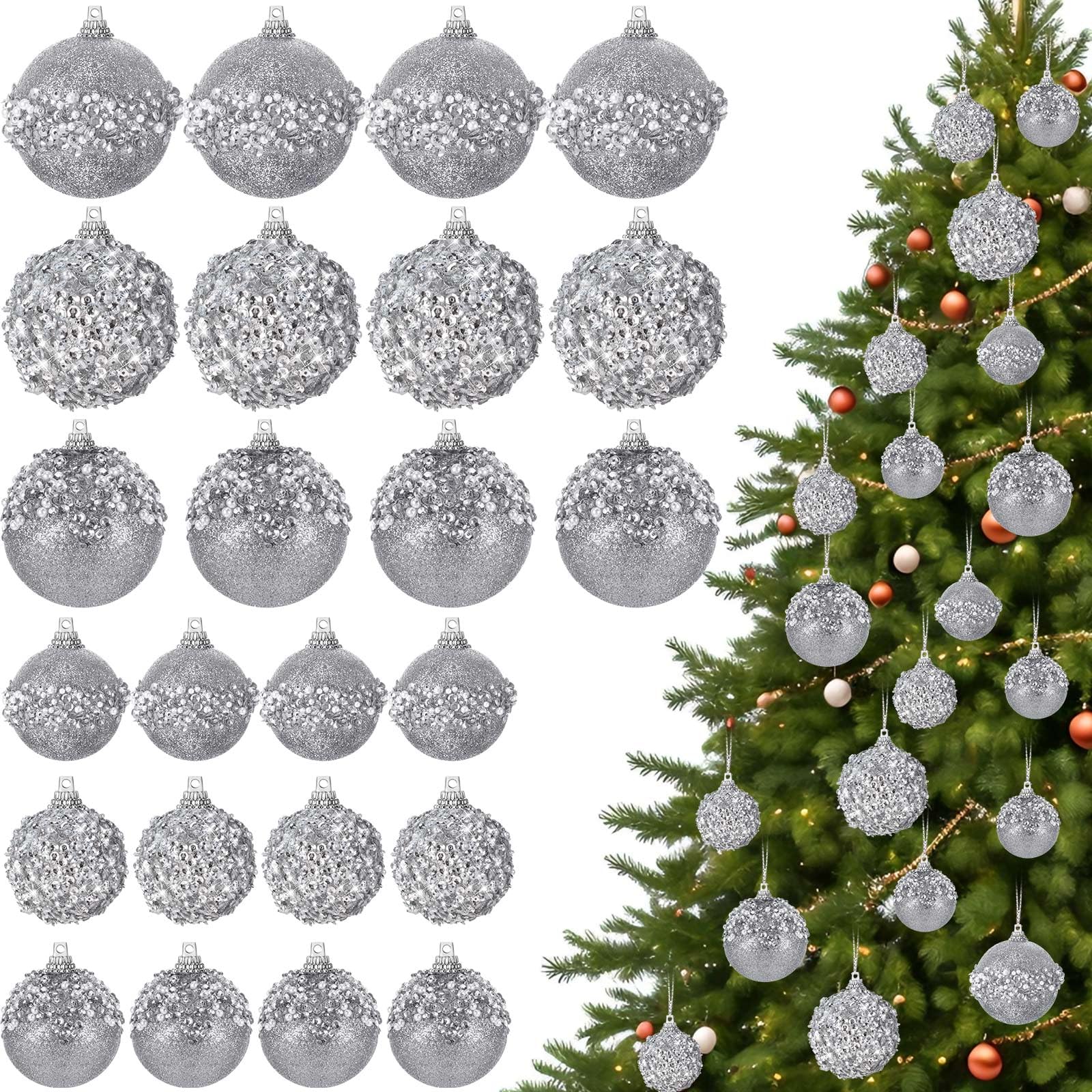 Poen 24 Pcs Glitter Christmas Ball Ornaments Set Christmas Tree Ornaments Hanging Sequin Foam Xmas Balls Decoration for Xmas Tree Wreath Garland Home
