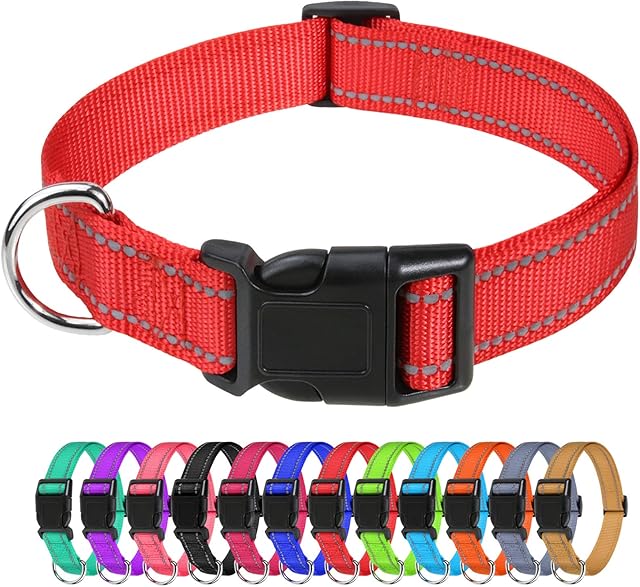 TagMe Reflective Nylon Dog Collars, Adjustable Classic Dog Collar with Quick Release Buckle for Small Dogs, Red, 2.0 cm Width