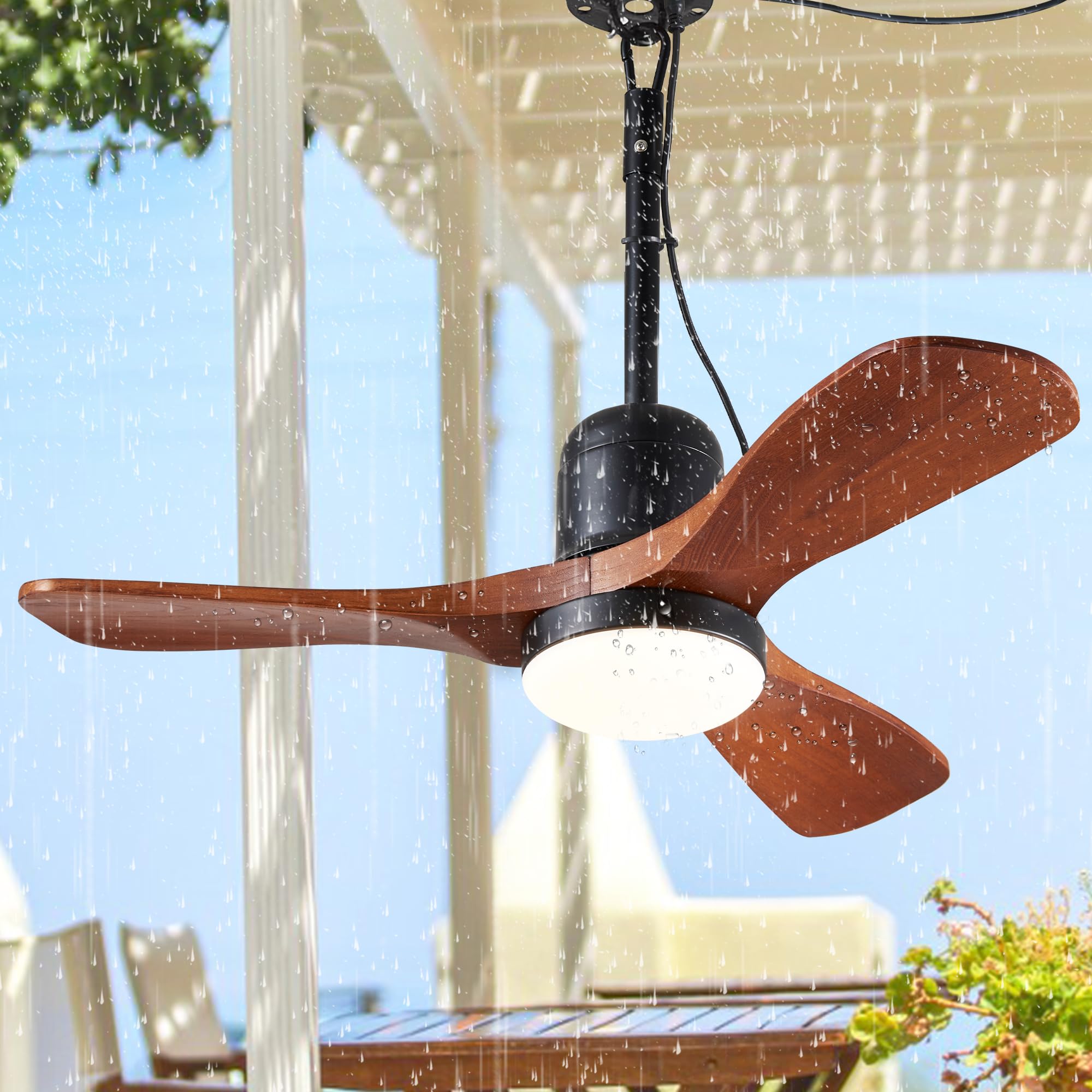 3 Blades Wood Outdoor Ceiling Fan for Patios with Light, Farmhouse Rustic Ceiling Fans with Lights, 34" Plug-in Wet Rated Outdoor Gazebo Fan with Light for Porch Patio, Waterproof (F235-34IN)