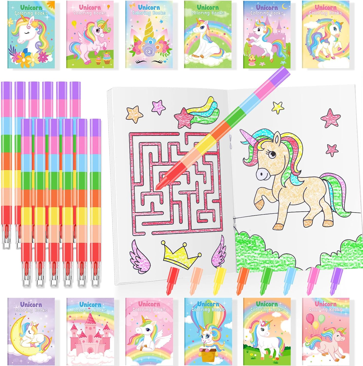 BenLouis 24 Unicorn Mini Coloring Books Kids with 24 Stacking Crayons Rainbow Party Favors Activity Books Bulk for Kids Unicorn Birthday Goodie Bag Gift Stuffer Classroom Reward