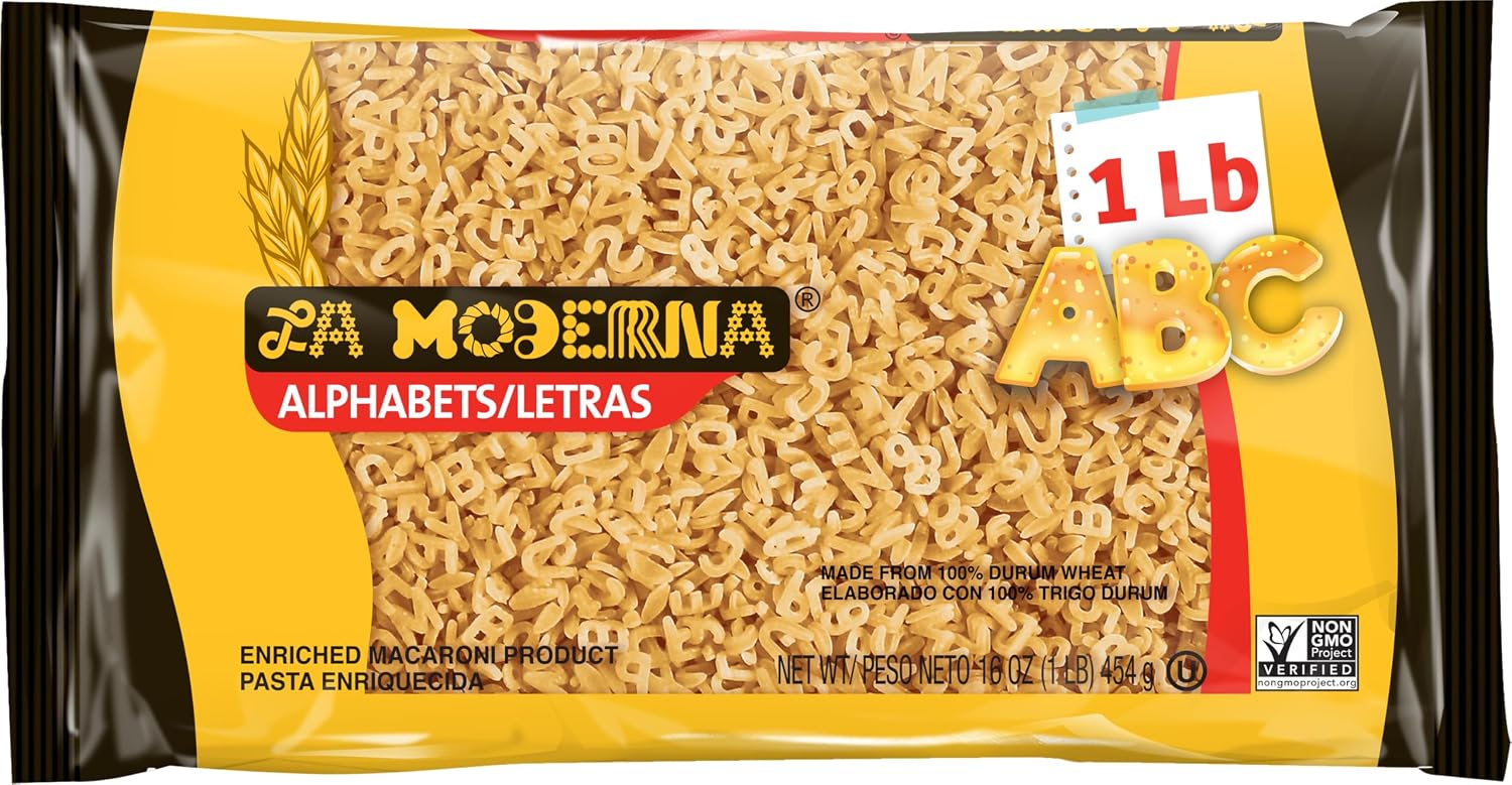 LA MODERNA, Alphabet Letras Pasta, 16 oz (Pack of 20), Small Pasta for Soups and Kids Meals, Fun Letter Shapes for Learning and Family Cooking, Made with Durum Wheat Semolina, Enriched with Iron and B Vitamins, Non-GMO, Kosher
