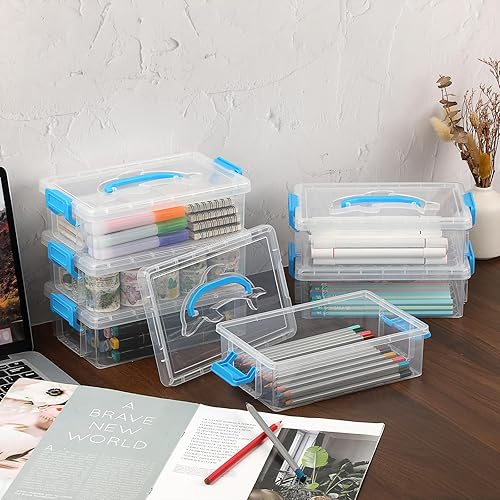 Miniatura 4 de BTSKY Paquete de 6 cajas grandes apilables para lápices con asas, estuche transparente con tapas de cierre y cierre, caja organizadora de papelería