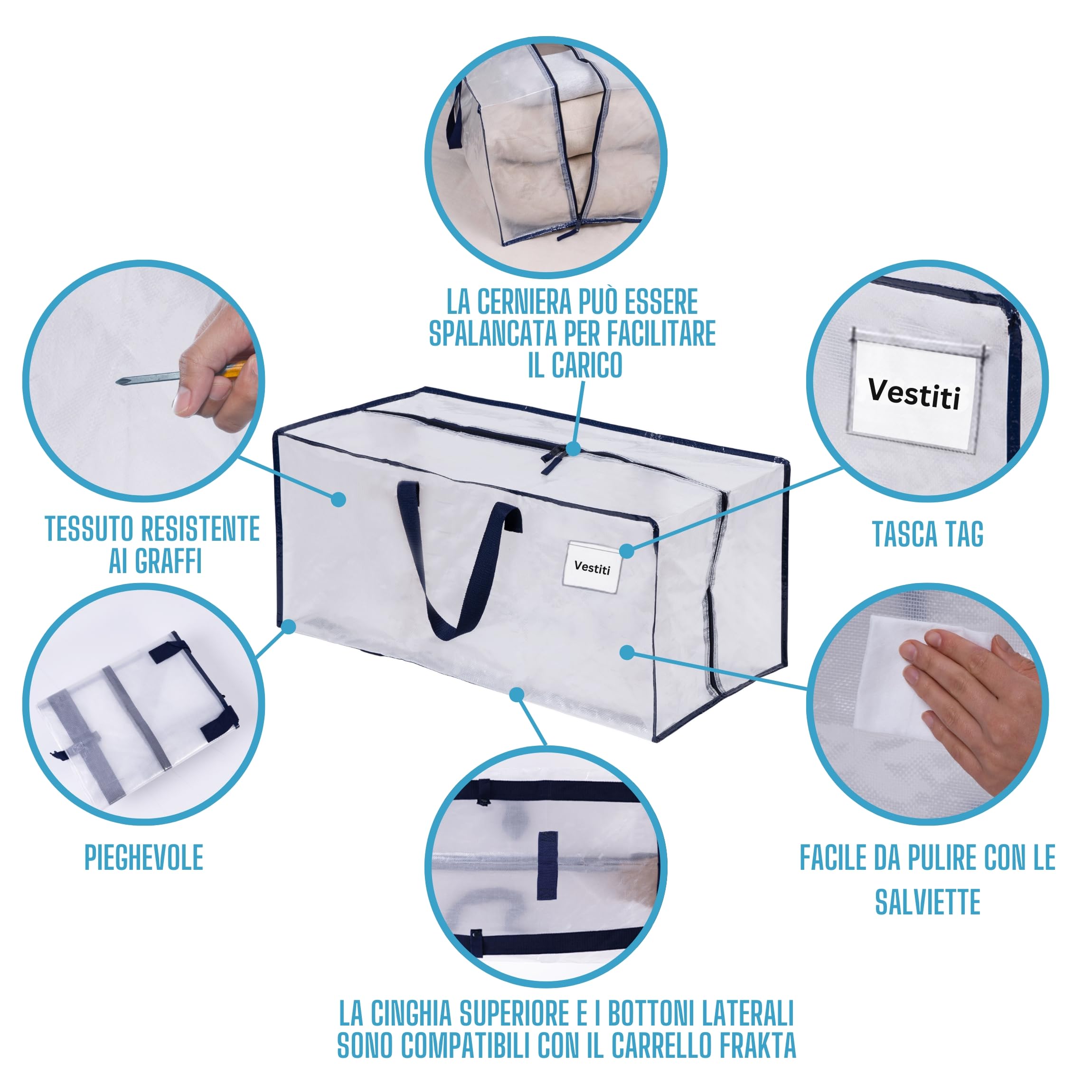 VENO Set da 4 Borse da trasloco extra large, Scatoloni per trasloco con cinghie per zaino, zip e manici resistenti, Scatole per armadio per riporre oggetti, piumoni, vestiti (Trasparente, Set da 4)
