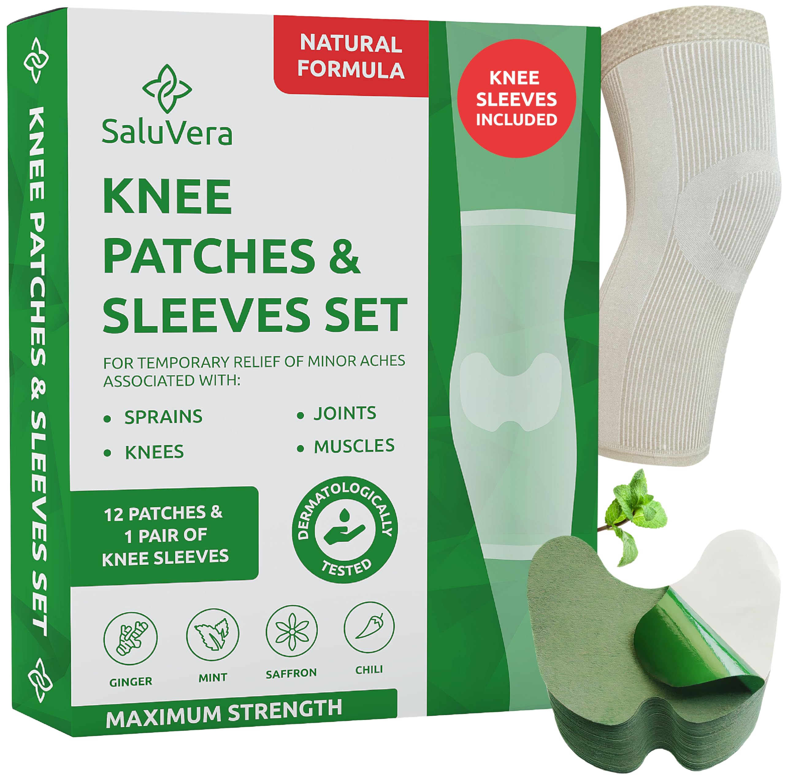 Warming Herbal Knee Patches with 2 Compression Sleeves - Self-Heating Relief Patches for Men & Women, Natural Ingredients for Soothing Support (12 Patch + 2 Compression Sleeves)