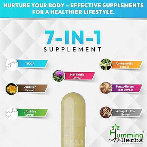 Miniatura 4 de Humming Herbs TUDCA Suplemento Complejo 7 en 1 con cardo mariano, L-Arginina, Ashwagandha, diente de león, raíz de astrágalo 120 cápsulas
