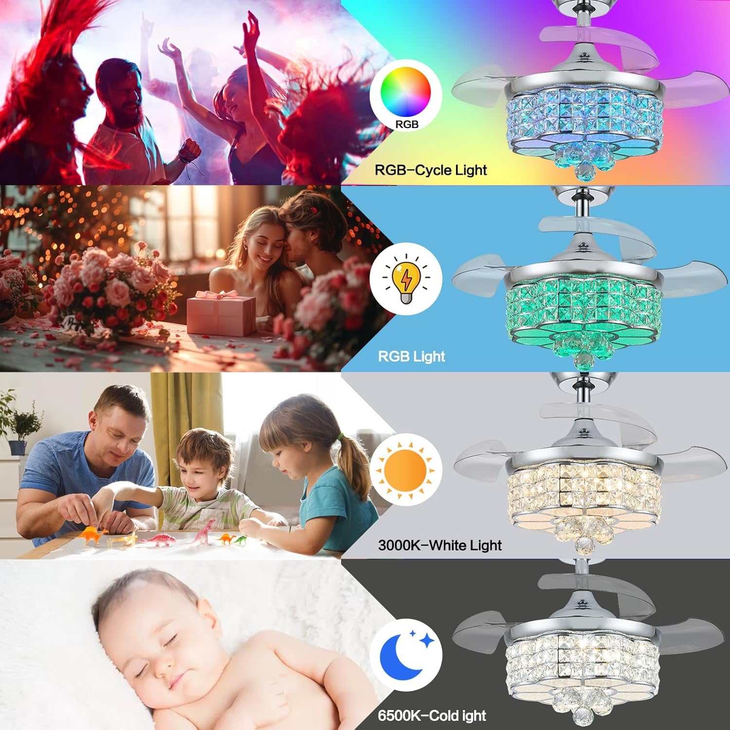 30" RGB Crystal Retractable Ceiling Fan with Light Dimmable LED Chandelier, Remote & App Control, 6-Speed Timer, Memory Function for Bedroom Living Room,Silver