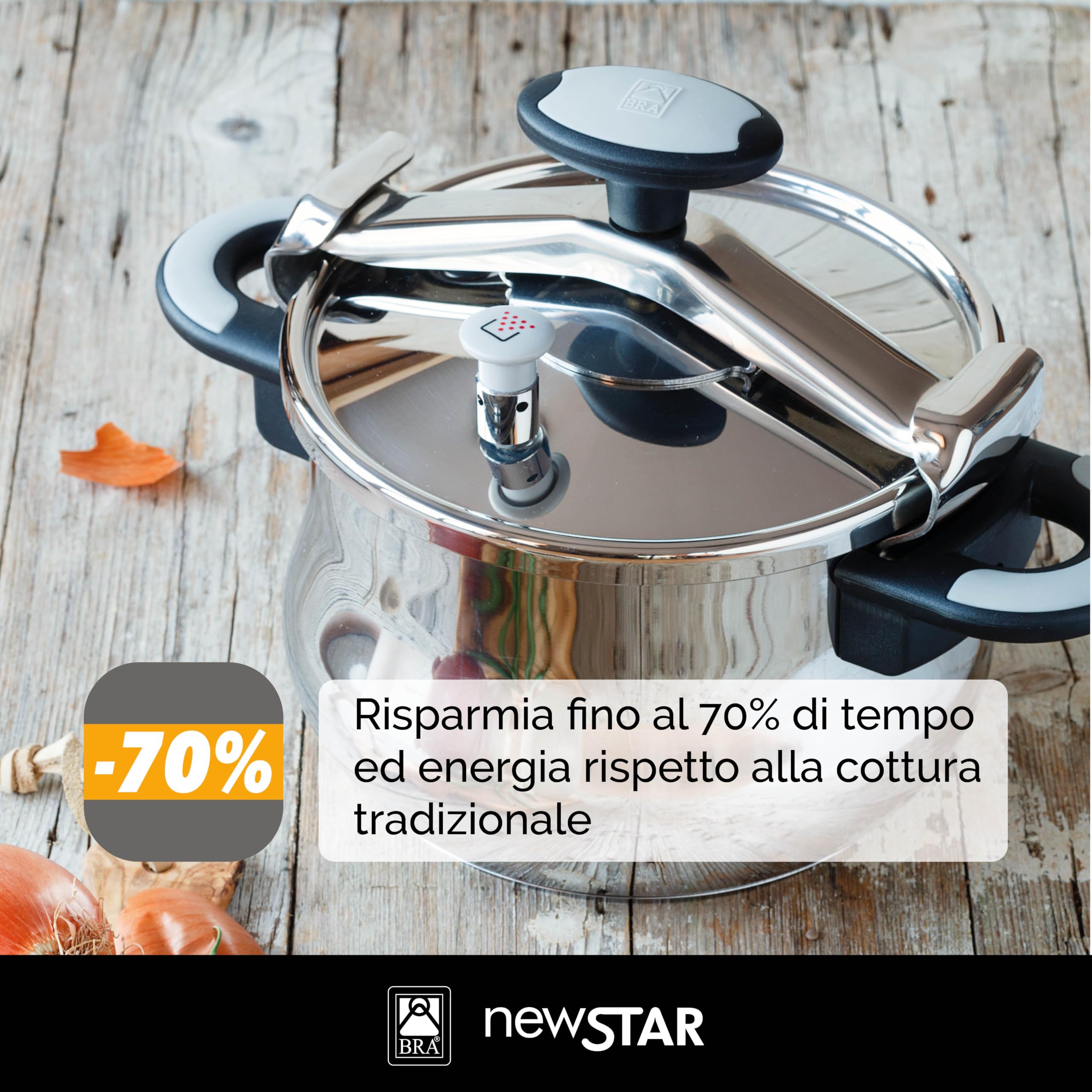 BRA - New Star, Pentola a pressione in acciaio inox 18/10, con coperchio a ponte, 11 l | Acciaio inox 18/10, 2 sistemi di sicurezza e blocco apertura, adatta a tutti i piani cottura