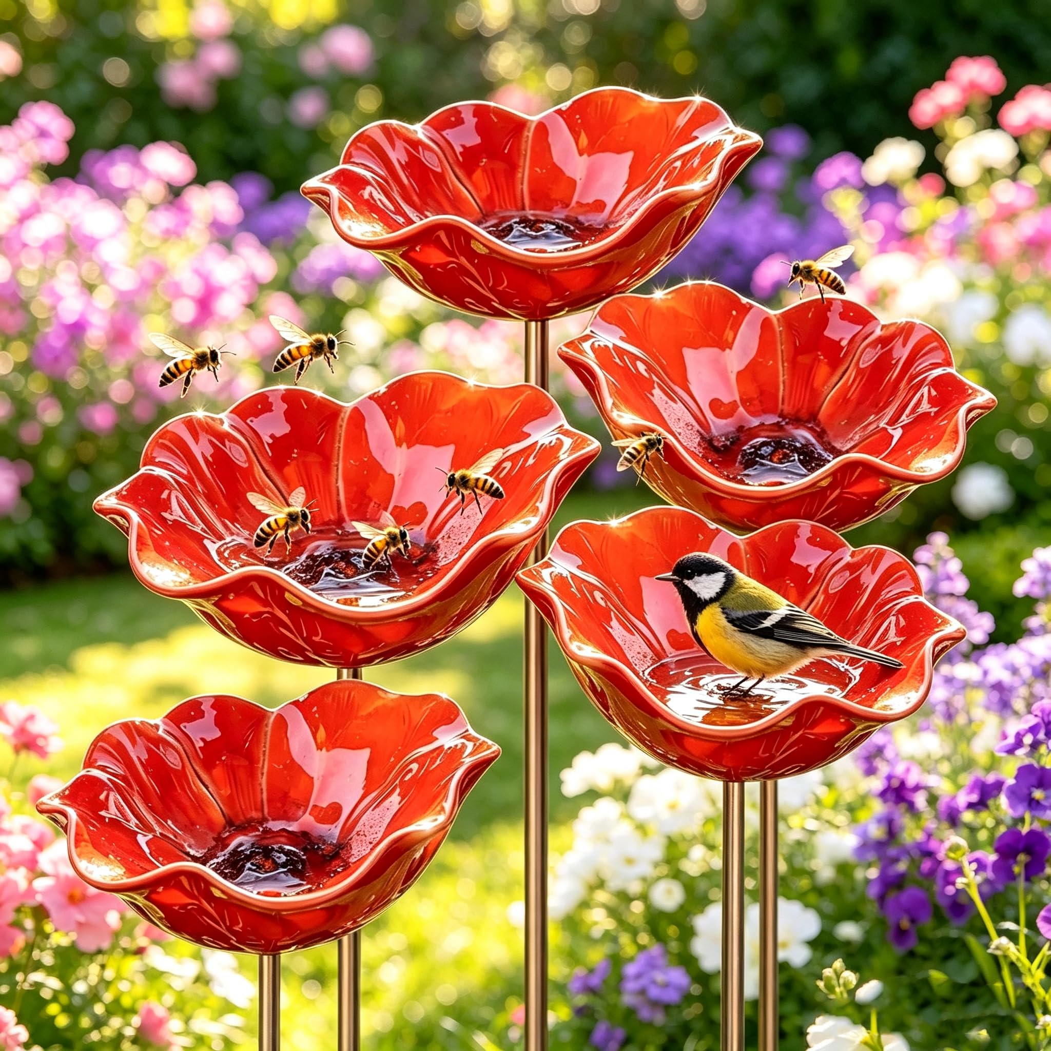 Fleur Métallique sur Poteau, Bac à Oiseaux, Décoration Jardin Extérieur