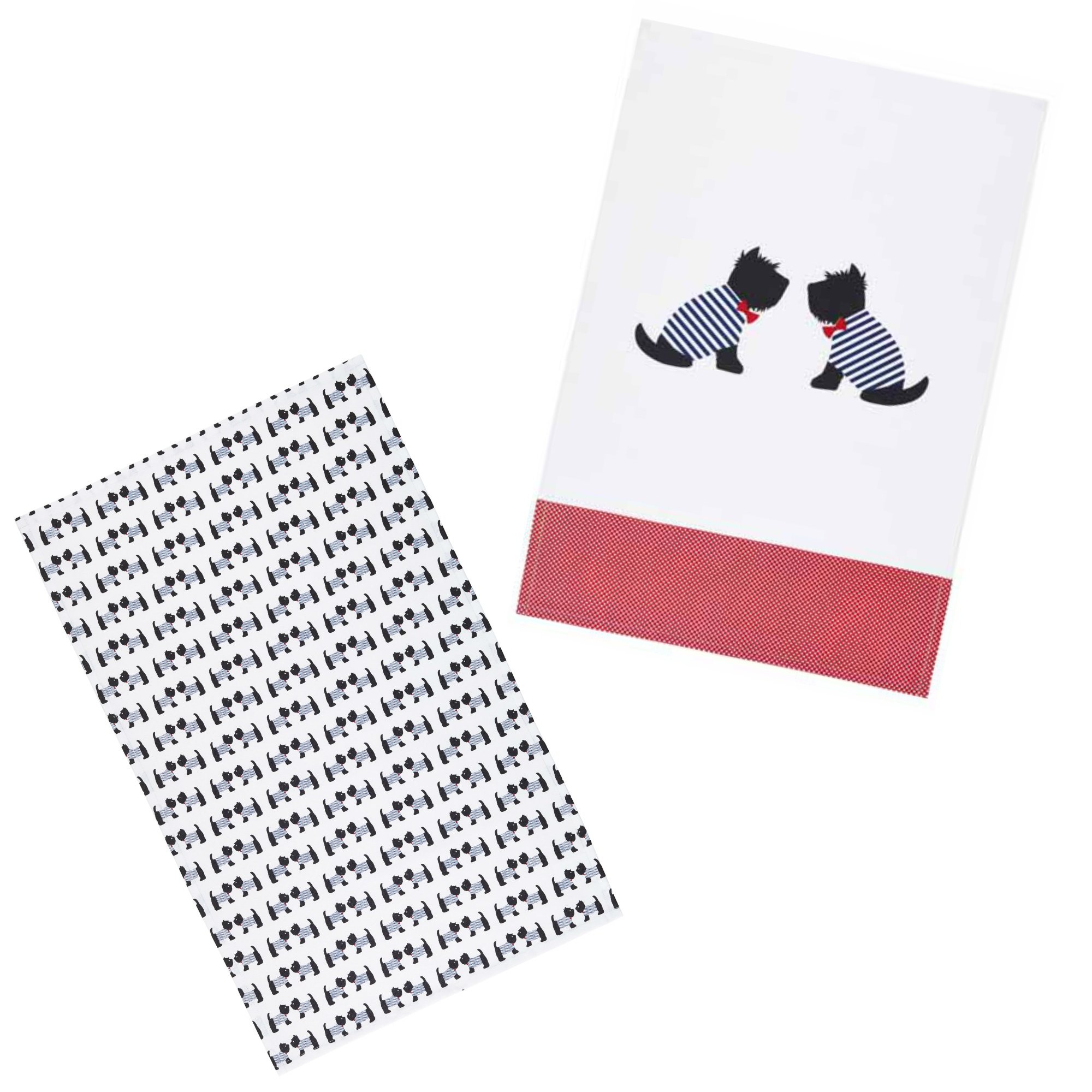 KitchenCraft Tea Towels Pack 2 - 100% Cotton Dish Towels Westie Dog Themed