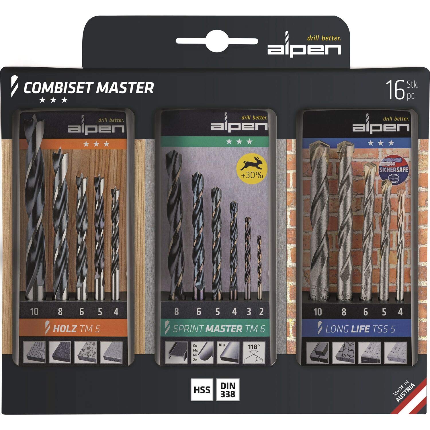 ALPEN Bohrer-Kassetten Set Combiset Master 16 (16-tlg., Ø 2,00-10,00 mm, Set aus Metall-, Stein- und Holzbohrer, Bohrsortiment) 0000811003100