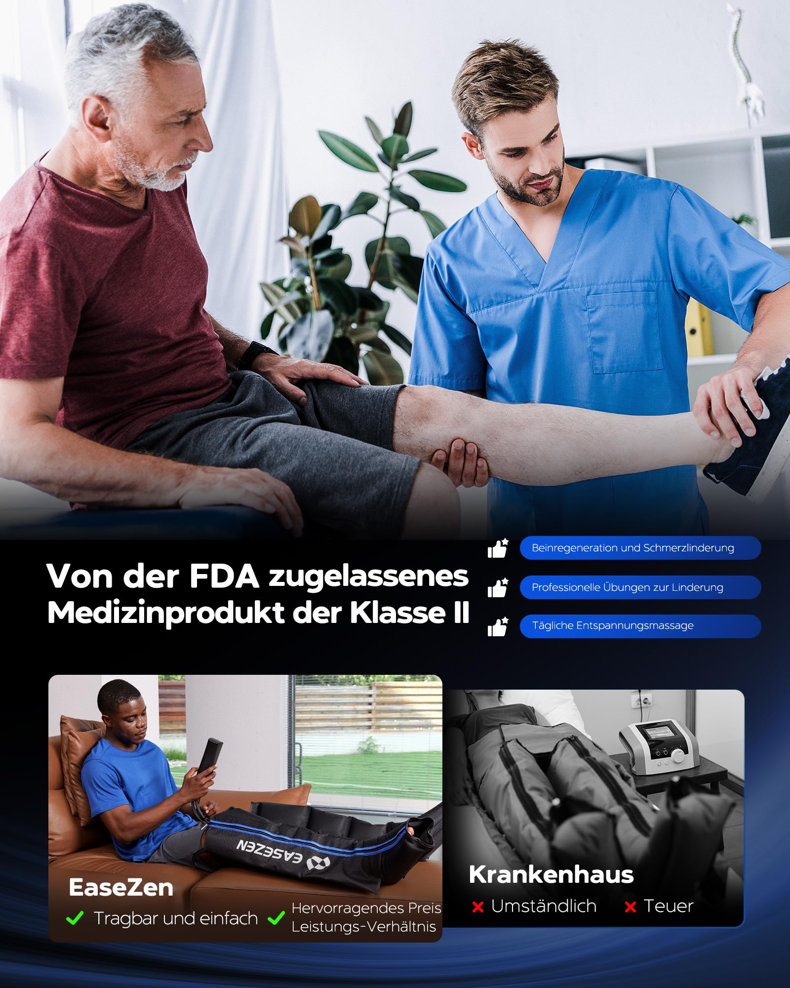 Beinmassagegerät zur Förderung der Durchblutung und Schmerzlinderung, Kompressionssystem zur schnellen Erholung von Füßen, Waden und Oberschenkeln, Linderung von Ödemen, Verringerung von Muskelermüdun