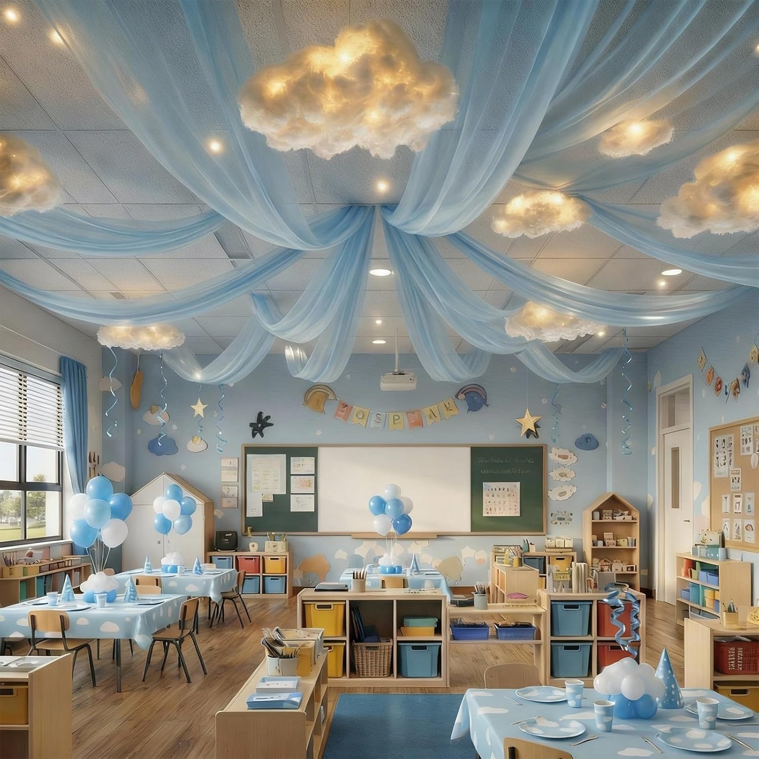 15 Pcs Blue Sky White Cloud Ceiling Decor, 8 Pcs 60x12 ft Blue Sky Backdrop, 6 Artificial Cloud 3D Cotton for DIY Classroom Hanging Ornament Birthday Wedding Nursery Room with Light String