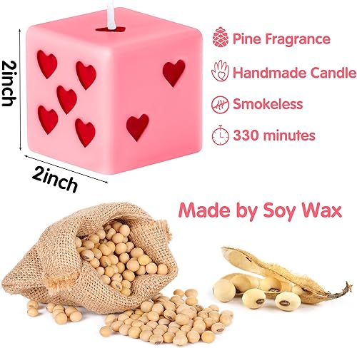 Miniatura 2 de Vela de dados de corazón rosa y rojo pastel danés, decoración de habitación, fragancia estética de pino natural, cera de soja natural, velas de