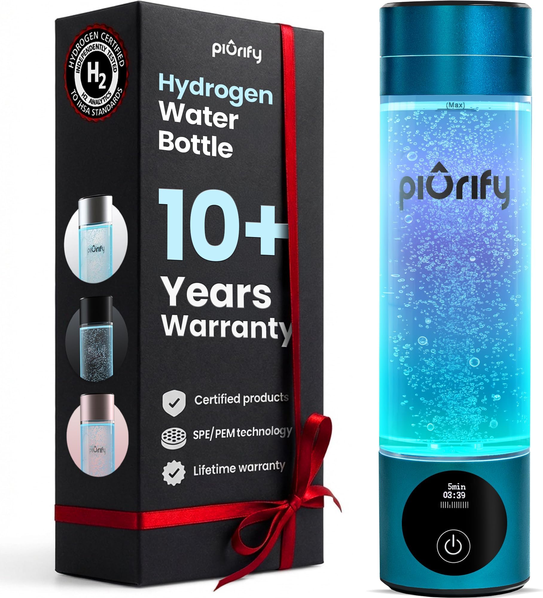 Hydrogen Water Bottle Generator | Up to 6300+ PPB in 3 Cycles | Molecular Hydrogen with SPE/PEM Technology | Certified H2 Generator | Rechargeable | Extended Warranty | 10 oz (Turquoise)