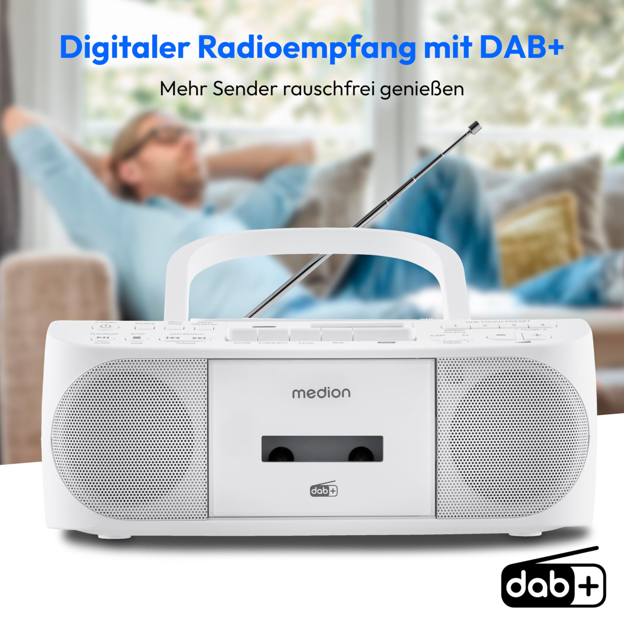 MEDION DRX-1 Plus Boombox (tragbares DAB+ UKW Radio, Bluetooth, CD-Player, MP3, Kassette, Kopfhöreranschluss, Stereo Sound System, AUX, Netz & Batterie) weiß