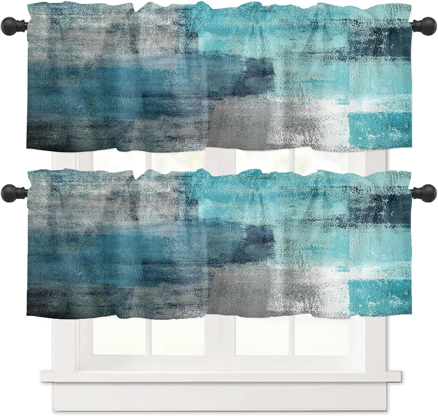 2 Pack Turquoise Kitchen Curtains Abstract Art Valances for Windows Farmhouse Window Treatment 3" Rod Pocket Cyan Teal Gray Curtain Valance for Bathroom Bedroom Living Room, 54 X 18 Inch, 2 Panel