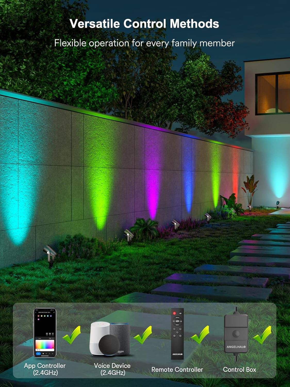 ANGELHALO Smart Landscape Spotlights, Low Voltage IP65 Waterproof Outdoor Spotlights Compatible with APP/Voice/Alexa Control, Color Changing Lights for Yard Garden Pathway Lawn, 6 Pack