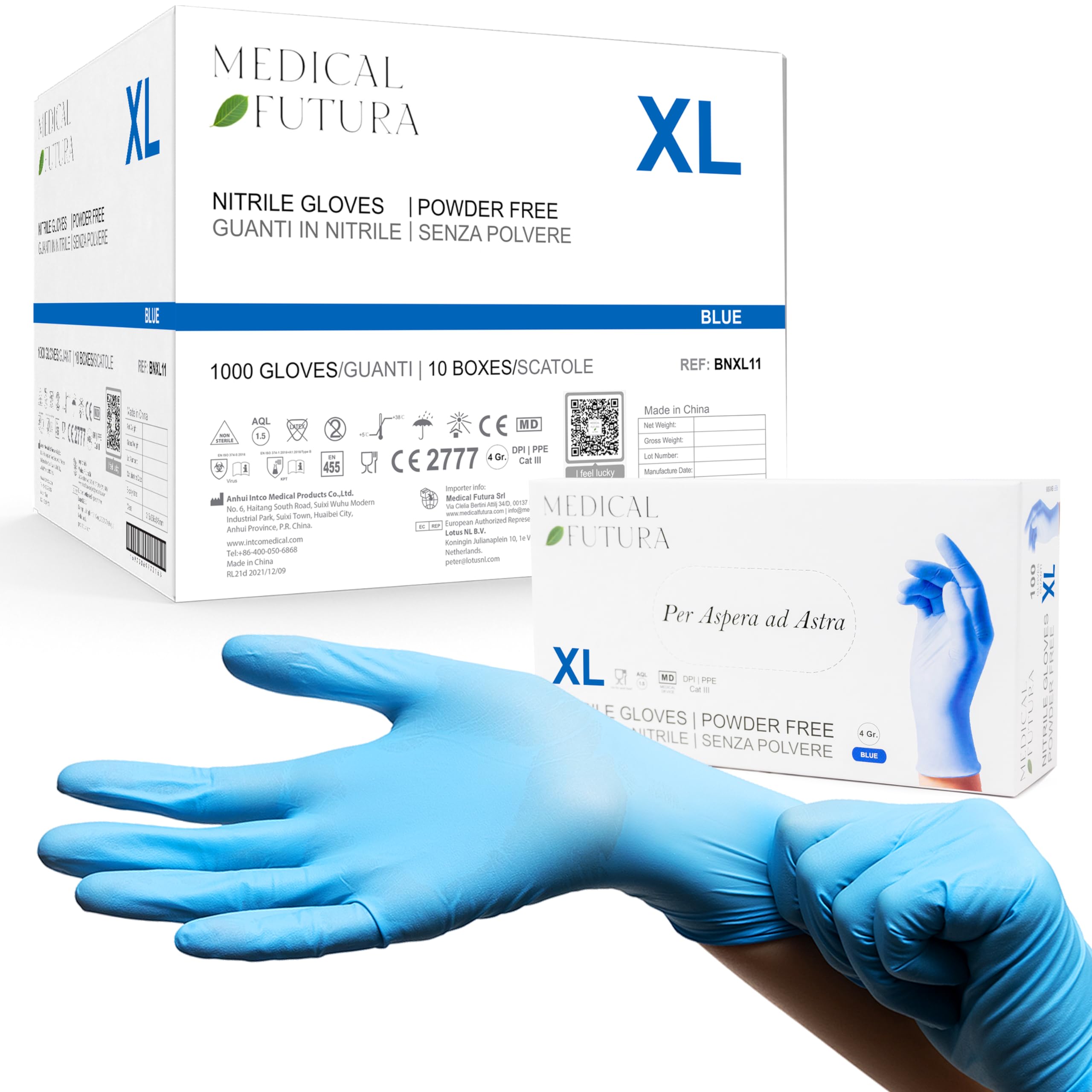 1000 Guantes de Nitrilo Desechables XL Azul, No Alergénicos Gr. 4.5, Sin Polvo, Sin Látex, Buenos para Esteticistas, Tatuadores, Talleres y Aplicaciones Médicas (XL, Azul)