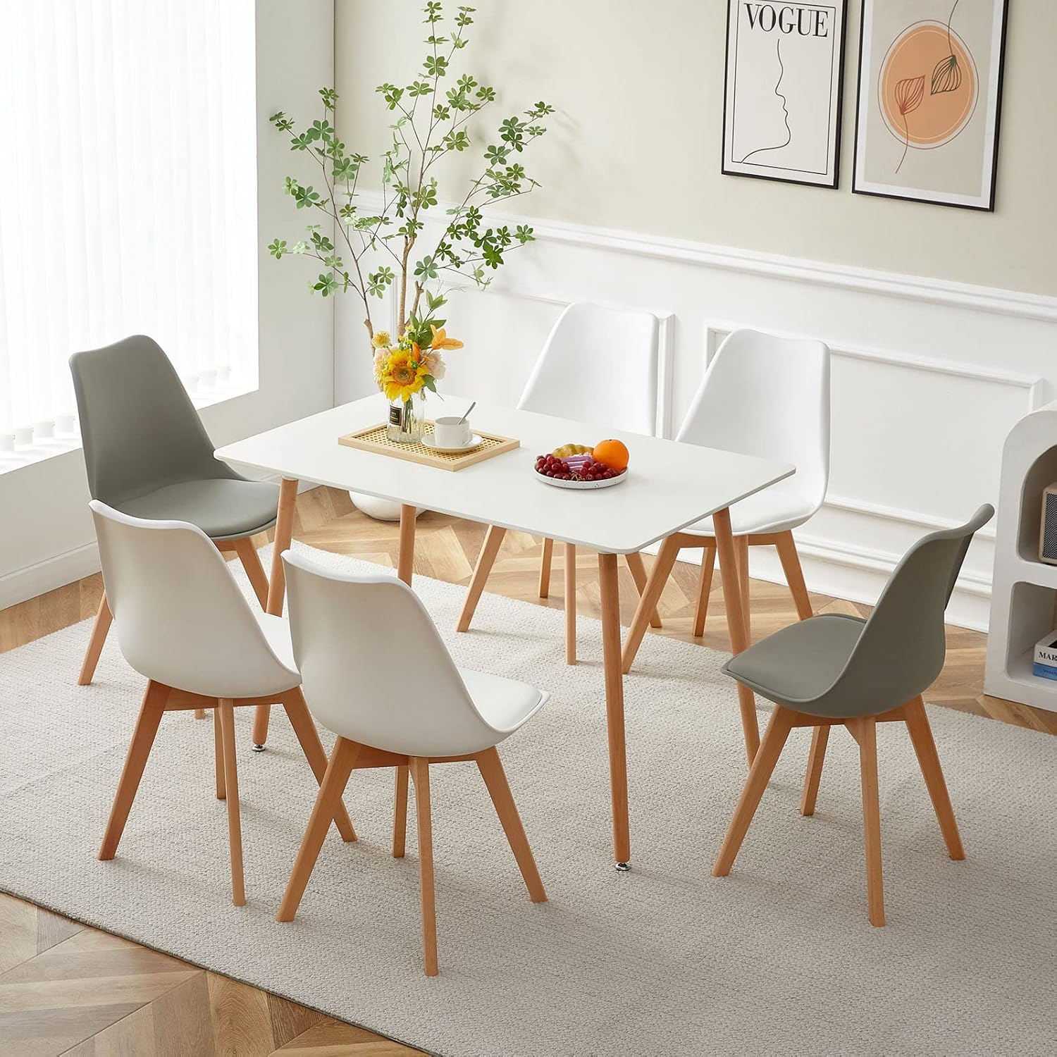 Dining Room Group Dining Table with 6 Chairs Dining Sets for 6 People Set of 6 Dining Room Chairs with Table for Living Room Kitchen Office White Table + 4 White & 2 Grey Chairs
