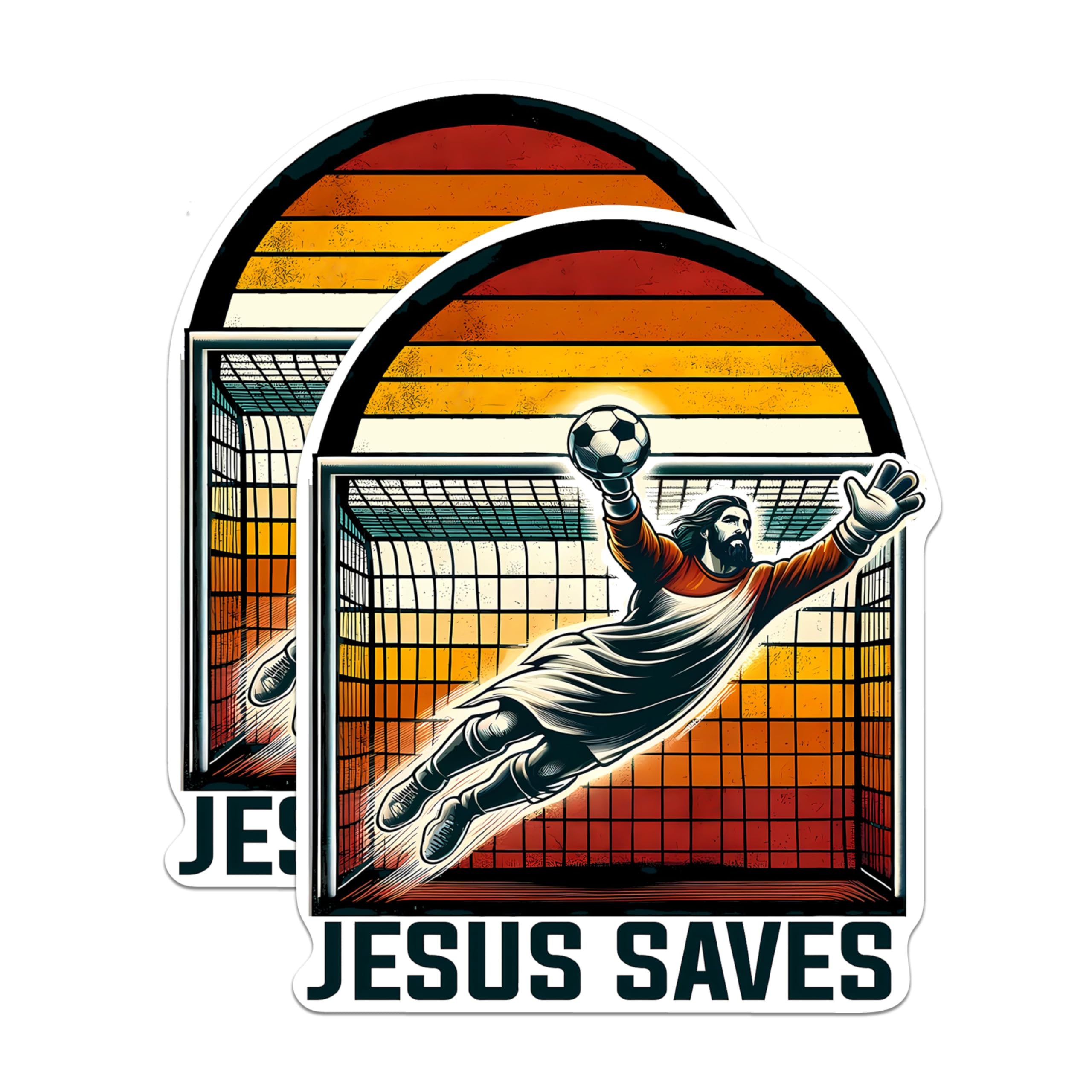 (2 Pack) Jesus Saves Funny Jesus Soccer Stickers - 5 Inches On Longest Side - Premium Vinyl - for Cars, Skateboards, Laptops - Made in USA - BMCS1195