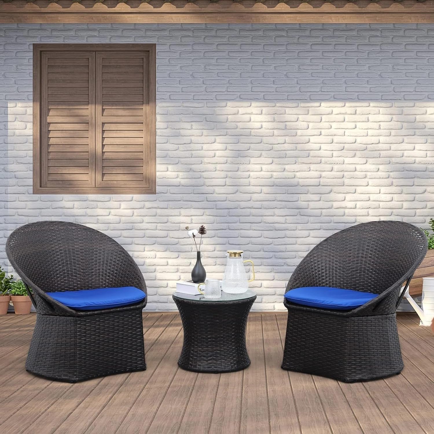DEVOKO 3-Piece Outdoor Rattan Wicker Patio Set for Garden, Lawn, Poolside, Terrace, Balcony (Dark Brown & Blue)-image-29