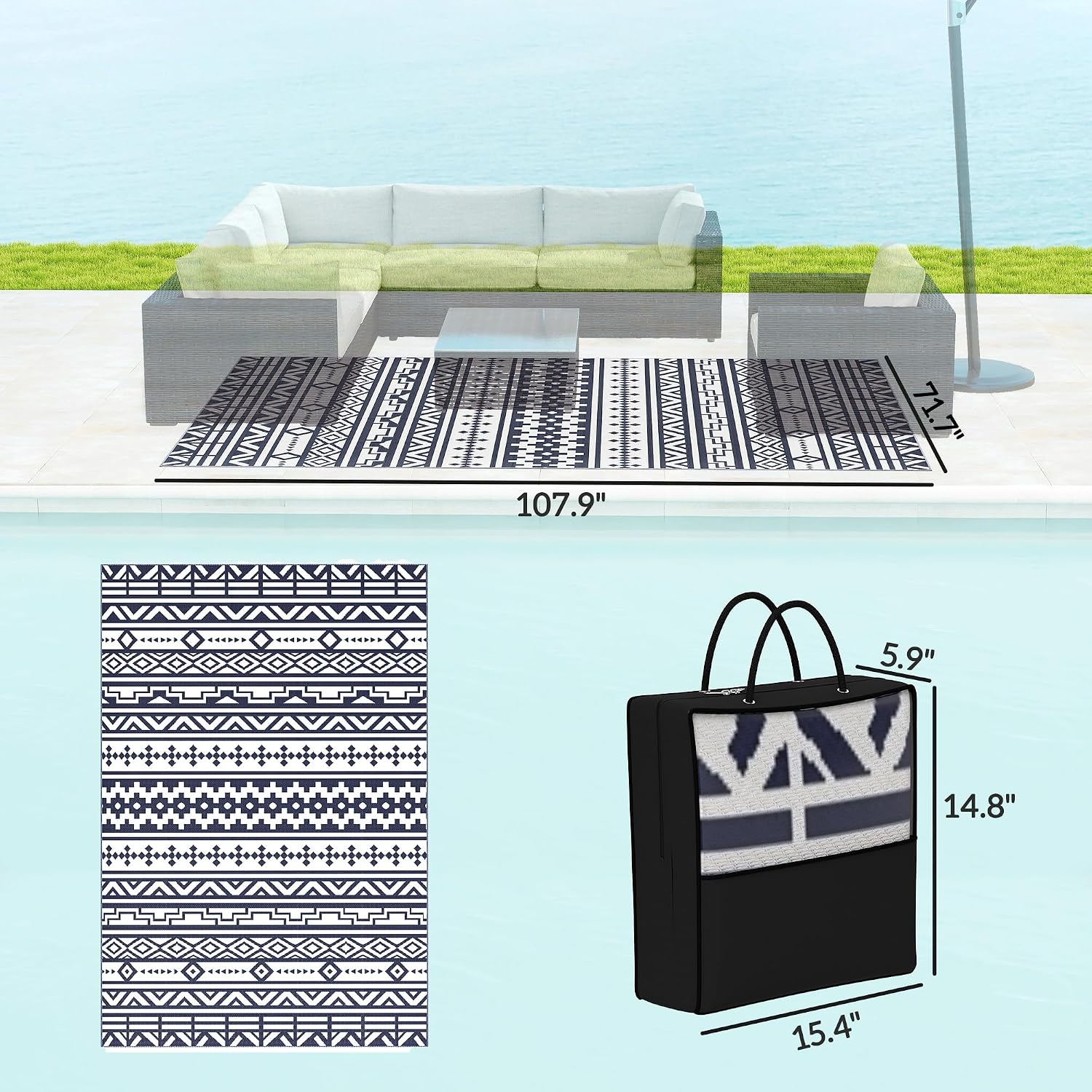 Outsunny Outdoor Rug for Patio, 6' x 9' Waterproof Large Mat, Reversible Plastic Straw Rug for Decor, Portable Outside RV Camping Area Carpet Mat for Backyard Porch Deck Picnic, Blue & White Geometric