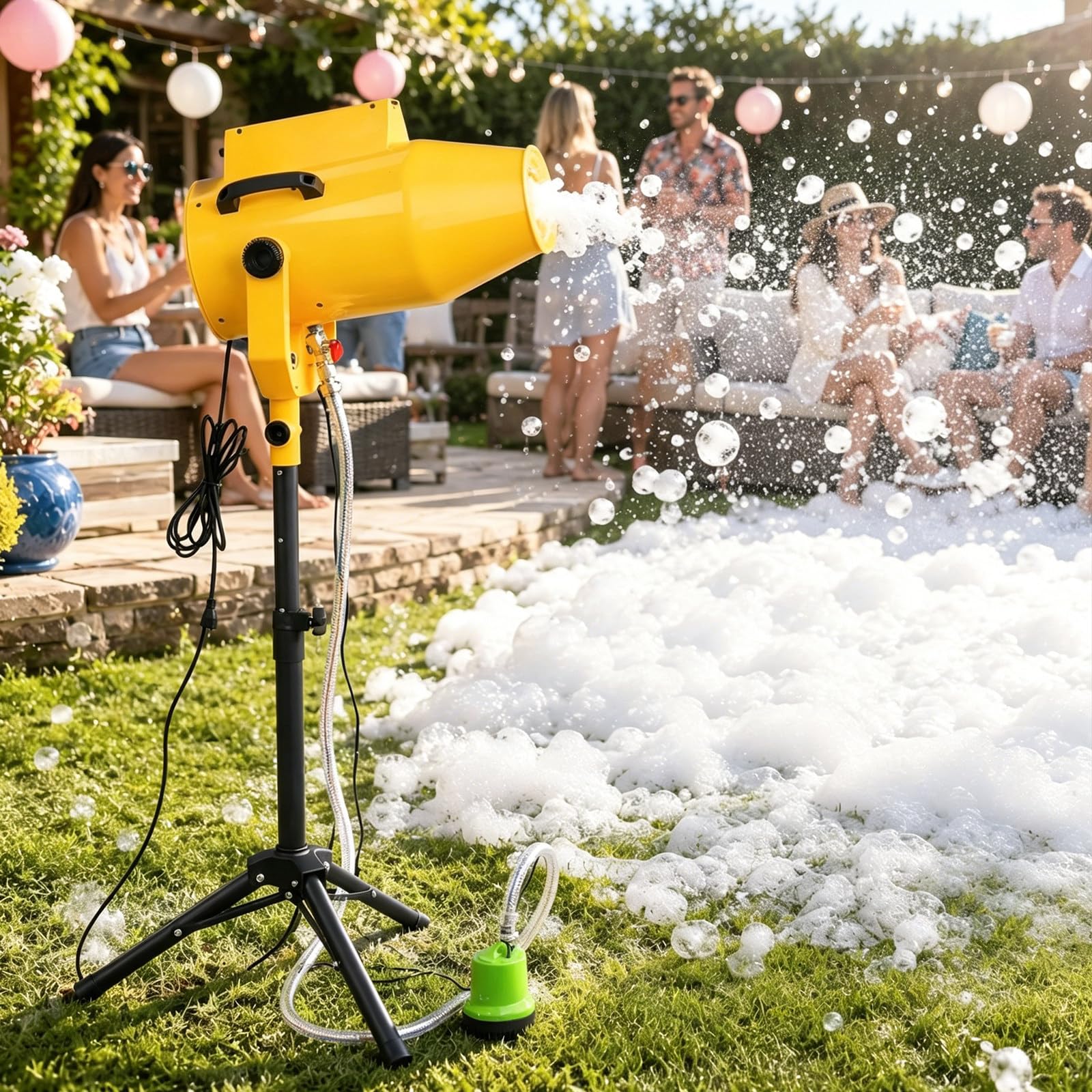 Máquina De Espuma De 1000W con Trípode, Bomba Y Manguera, Cañón De Espuma De 20 M³/Min para Fiestas De Verano En La Piscina, Cumpleaños, Eventos En El Jardín, Bodas Y Festivales