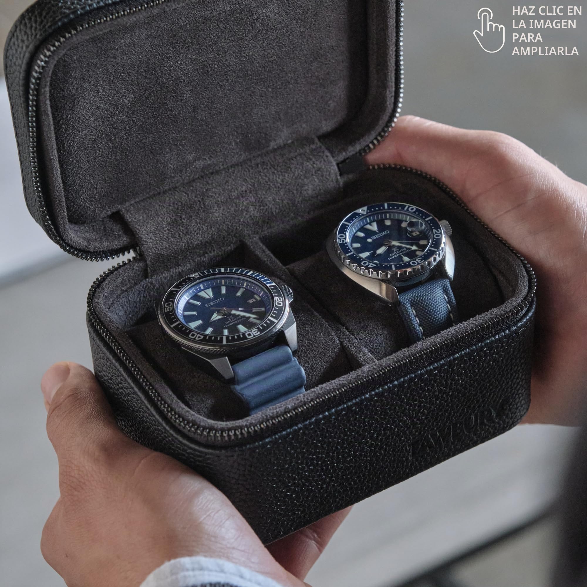TAWBURY Estuche de viaje para 2 relojes, hecho a mano con cuero auténtico, compacto y ligero, almacenamiento de relojes para el hogar y viajes (negro)