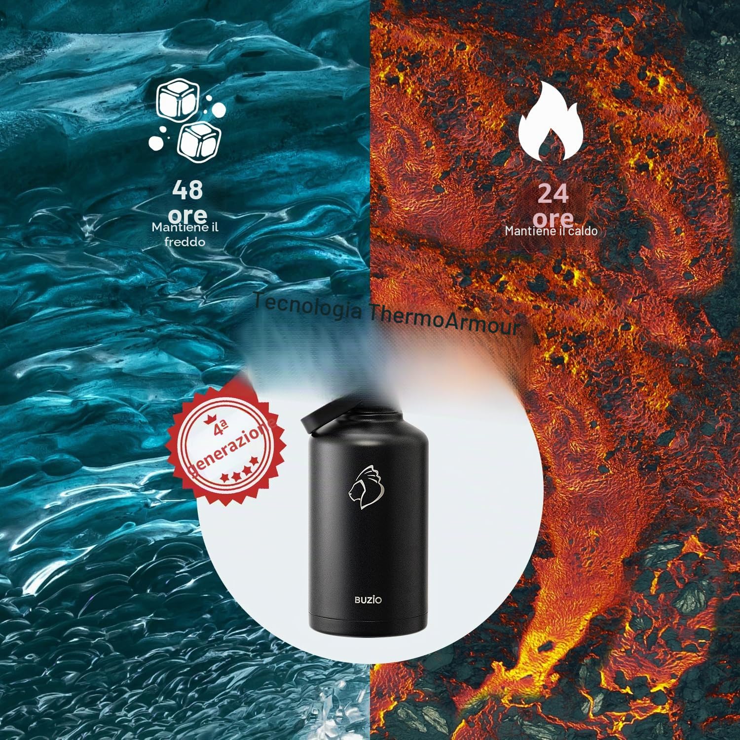 BUZIO Borraccia in acciaio inox 2L, isolamento sottovuoto, 48h freddo, senza BPA, doppia parete, per sport outdoor, escursionismo e ciclismo, Nero