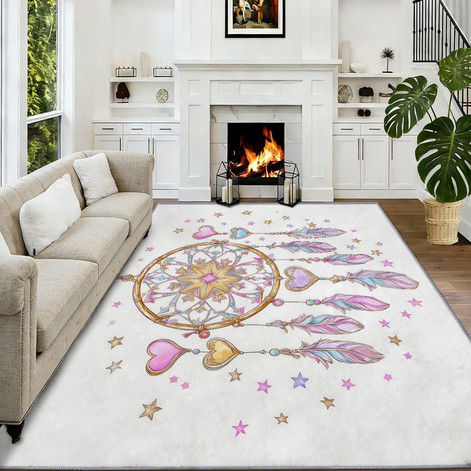 Teppich Waschbar 140 x 200 cm Aquarell-Traumfänger Kinderzimmer Teppich, Böhmisch rutschfest Kurzflor Pflegeleicht Teppiche Für Wohnzimmer Schlafzimmer Flur Küche