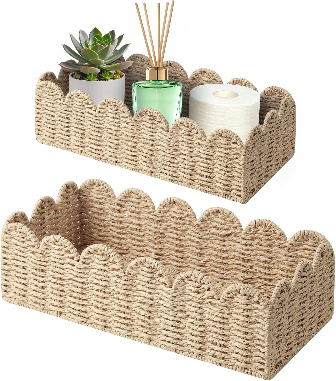 2 Pack Scalloped Wicker Toilet Paper Storage Basket, Handwoven Paper Rope Basket Organizer for Toilet Tank & Shelves, Decorative Woven Storage Bin for Living Room, Bedroom & Entryway, Beige