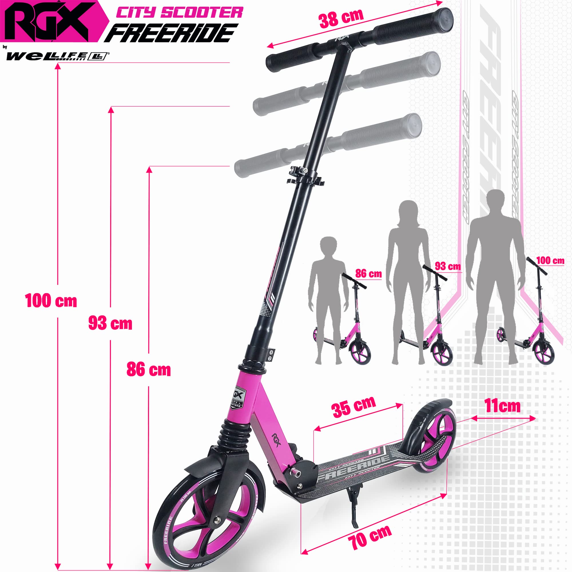 WeLLIFE Monopattini Freeride RGX - Monopattino Ruote Grandi 200mm con Sospensione Anteriore, Monopattino a Spinta per Adulti e Bambini, City Scooter Pieghevole