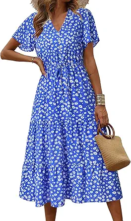 PRETTYGARDEN Summer Floral Dress for Women 2025 Casual Boho Short Sleeve Maxi Dresses V Neck Tiered Flowy Beach Sundress