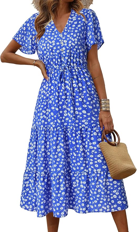PRETTYGARDEN Summer Floral Dress for Women 2025 Casual Boho Short Sleeve Maxi Dresses V Neck Tiered Flowy Beach Sundress