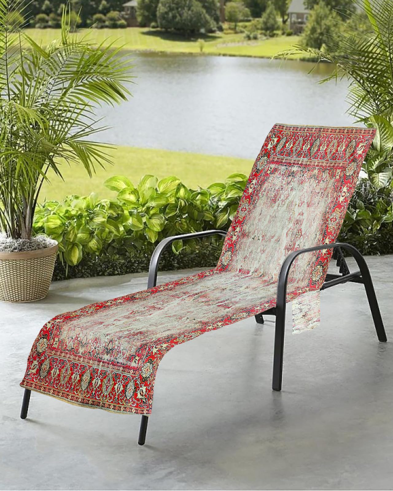 Rustic Abstract Beach Chair Towel Covers for Chaise Lounge with Side Pocket, Soft Plush Pool Towels Cover for Patio Sunbathing Outdoor 29''x85'' Modern African Historical Original Geometric