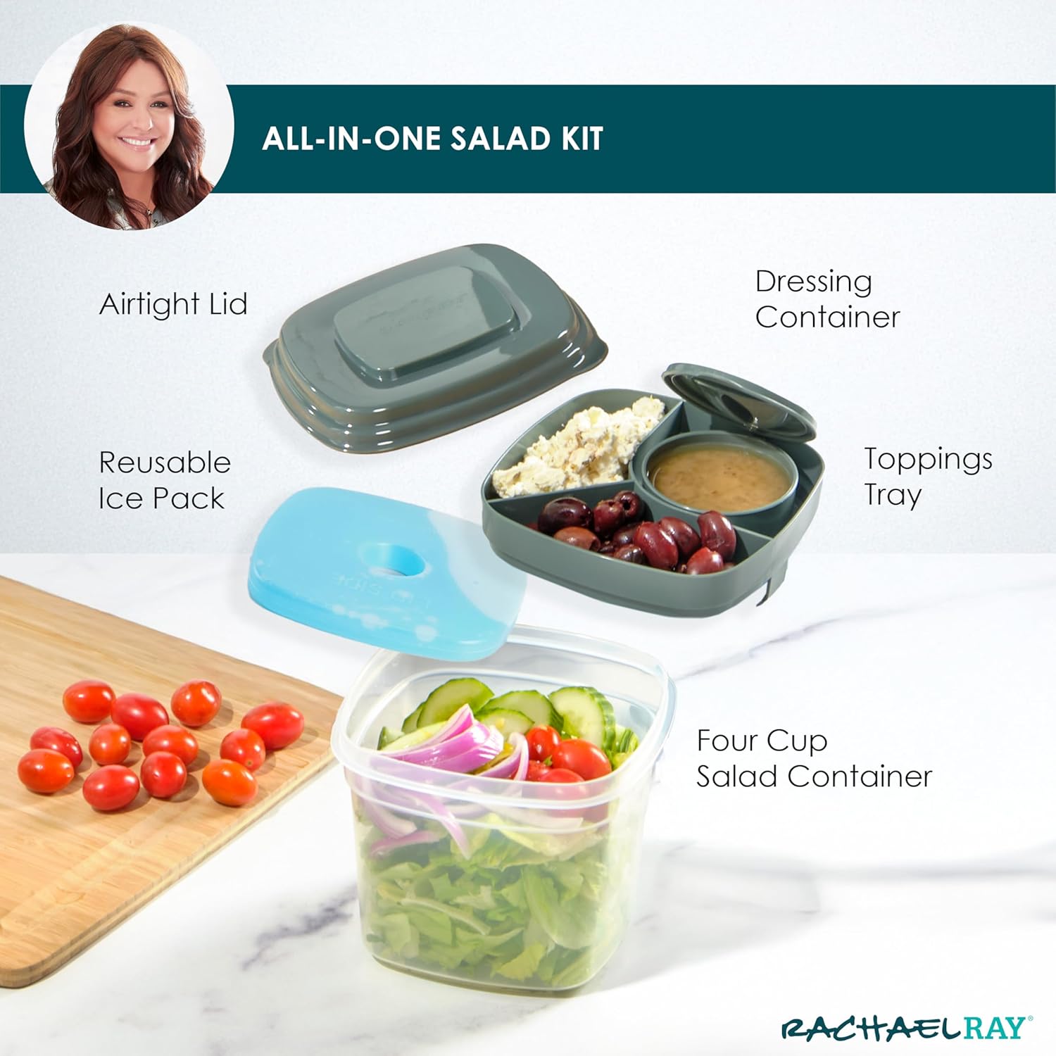 Rachael Ray Salad Container For Lunch, Salad Lunch Container For Adults, Salad Bowl Kit With Compartments For Salad Dressing & Toppings, Includes Ice Pack - Image 3