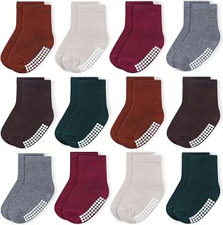 JAKIDAR 12 Pack Non-Slip Grip Baby Toddler Crew Socks - Soft Cotton for Boys Girls 6M-7Y
