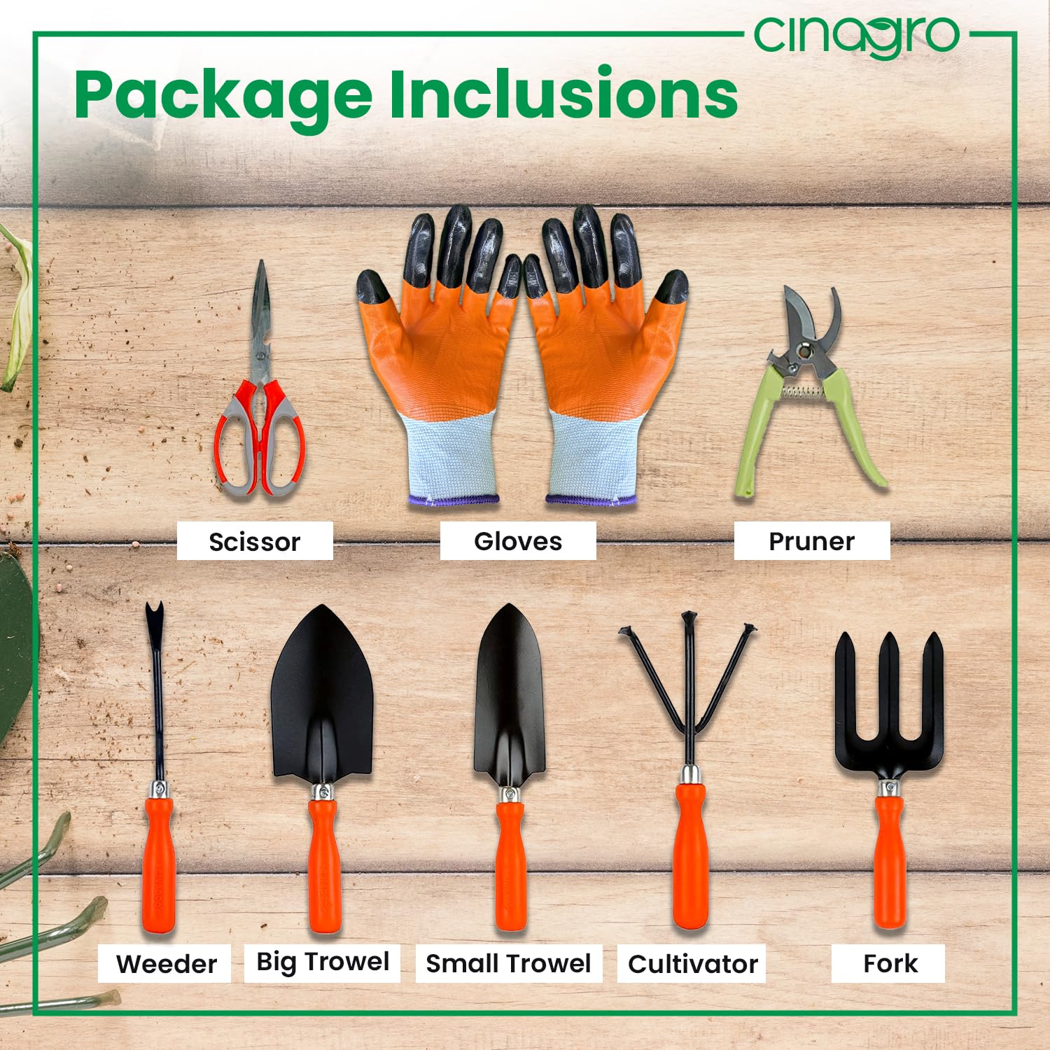 Cinagro Garden Tools Kit Set of 8, Weeder, 2 Trowels, Hand Fork, Cultivator 1