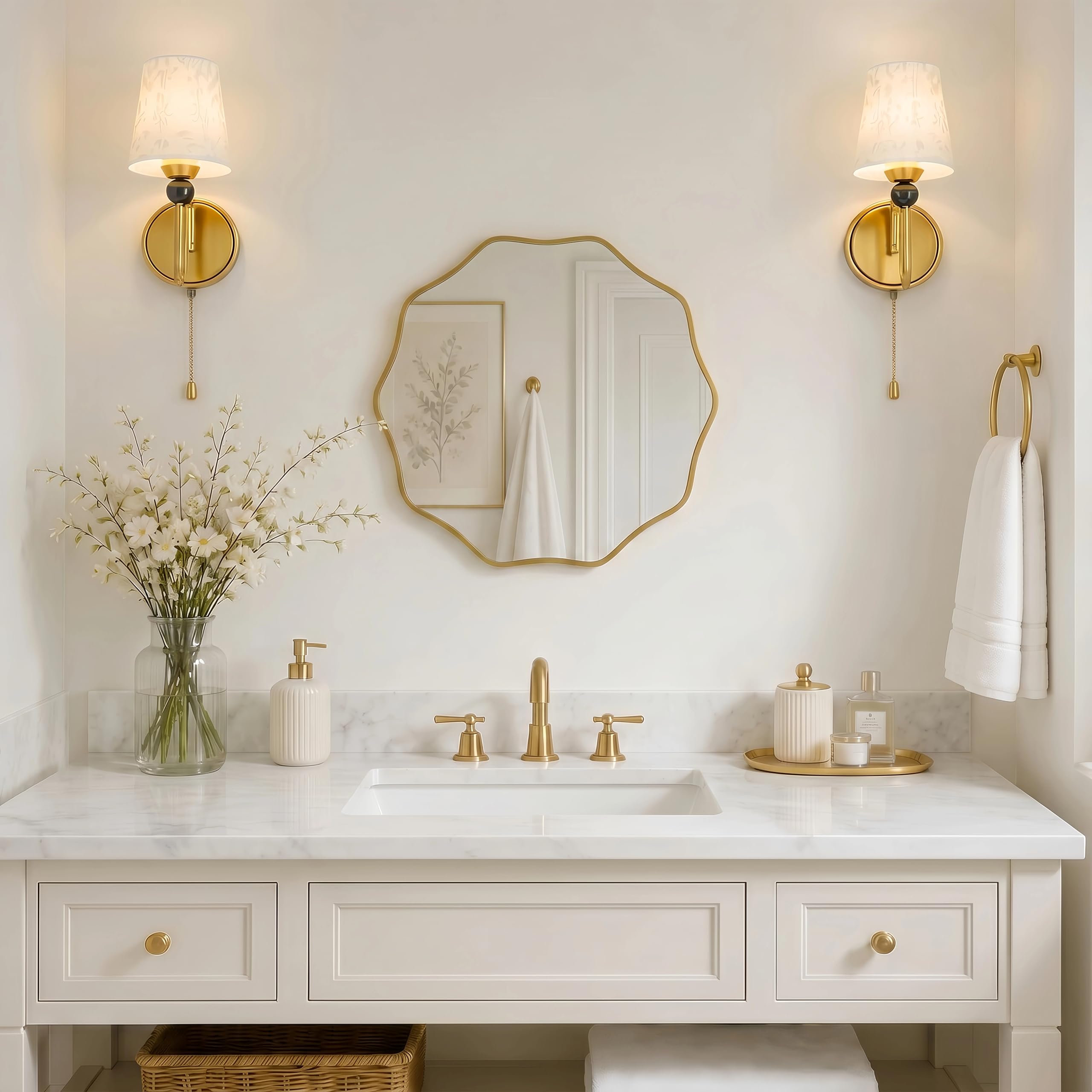 PERFNIQUE Specchio da parete rotondo ondulato con cornice in legno, specchio decorativo da appendere o appoggiare, specchio da bagno, specchio da corridoio, soggiorno, design in legno naturale (oro