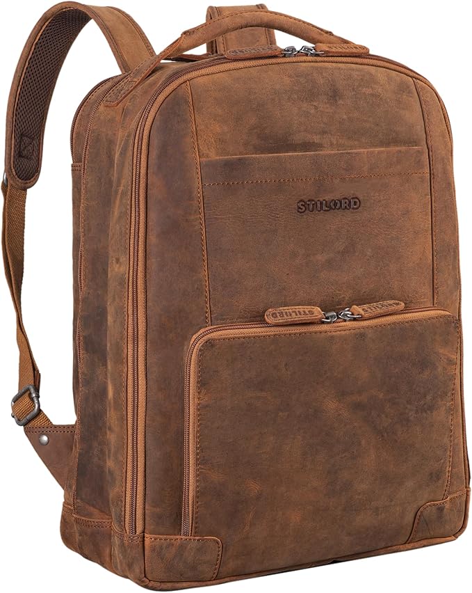 STILORD 'Harlow' Zaino in Pelle XL da Uomo | Business per Laptop 15-17 Pollici | Grande Porta PC da Lavoro | Sistema di Attacco al Carrello | Vera Pelle, Colore: Tan Marrone Scuro