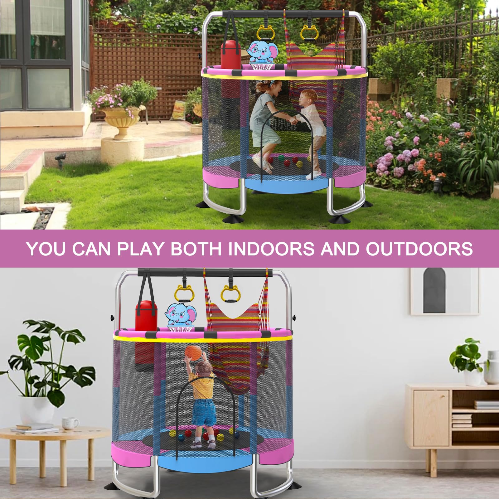Trampolin Kinder, 150cm Kinder Trampolin Outdoor/Indoor, 200kg verstellbares,mit Basketballkorb und Gehäuse,Geschenke für Jungen und Mädchen Rosa