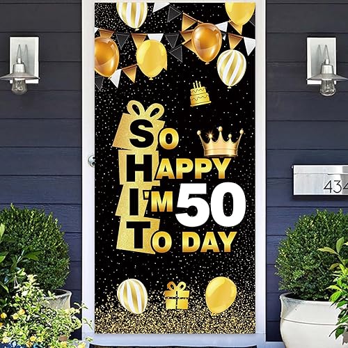 Cartel con texto en inglés So Happy IM Fifty Today Happy 50th Birthday, confeti y aplausos a los 50 años de edad, decoraciones temáticas para él,
