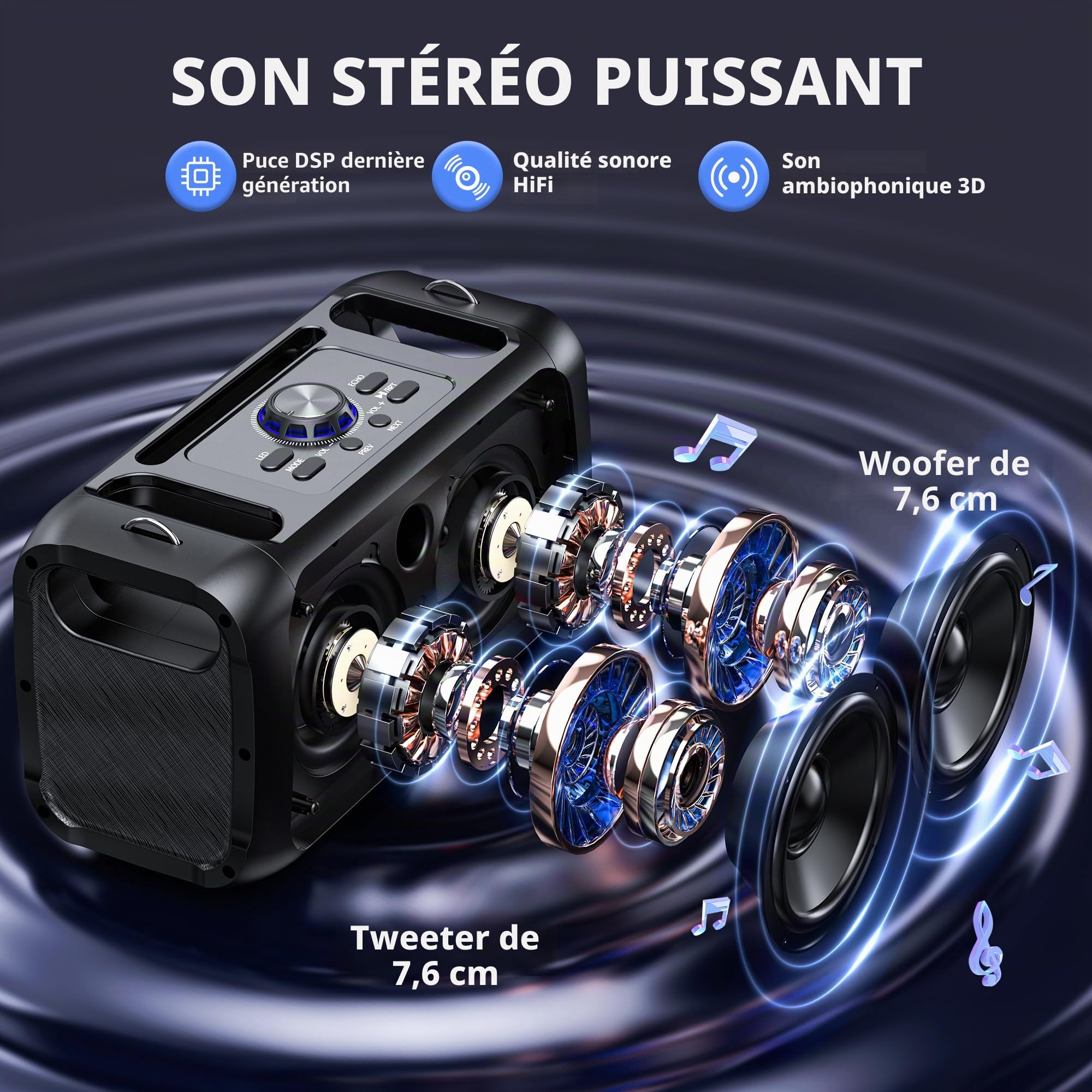 JYX Machine de Karaoké avec 2 Microphones sans Fil pour Adultes Enfants, Système de Karaoké Portable Prend en Charge Les Fêtes à La Maison，au Camping，Supporte TWS/AUX/USB/TF Card.