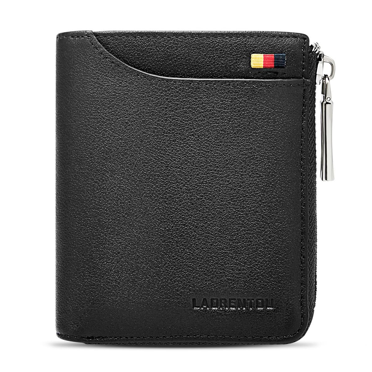 LAORENTOU Wallet for Men Genuine Leather Bifold Stylish Wallet With ID Window Inside Zip?Black?