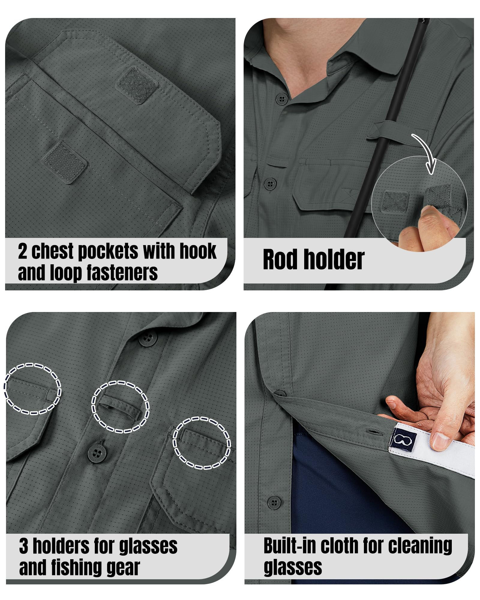 Outdoor Ventures Camisa de Pesca Ligera de Manga Corta para Hombre, UPF 50, con Botones, de Secado rápido, para Senderismo, Viajes, Safari, Gris Sombra, Small