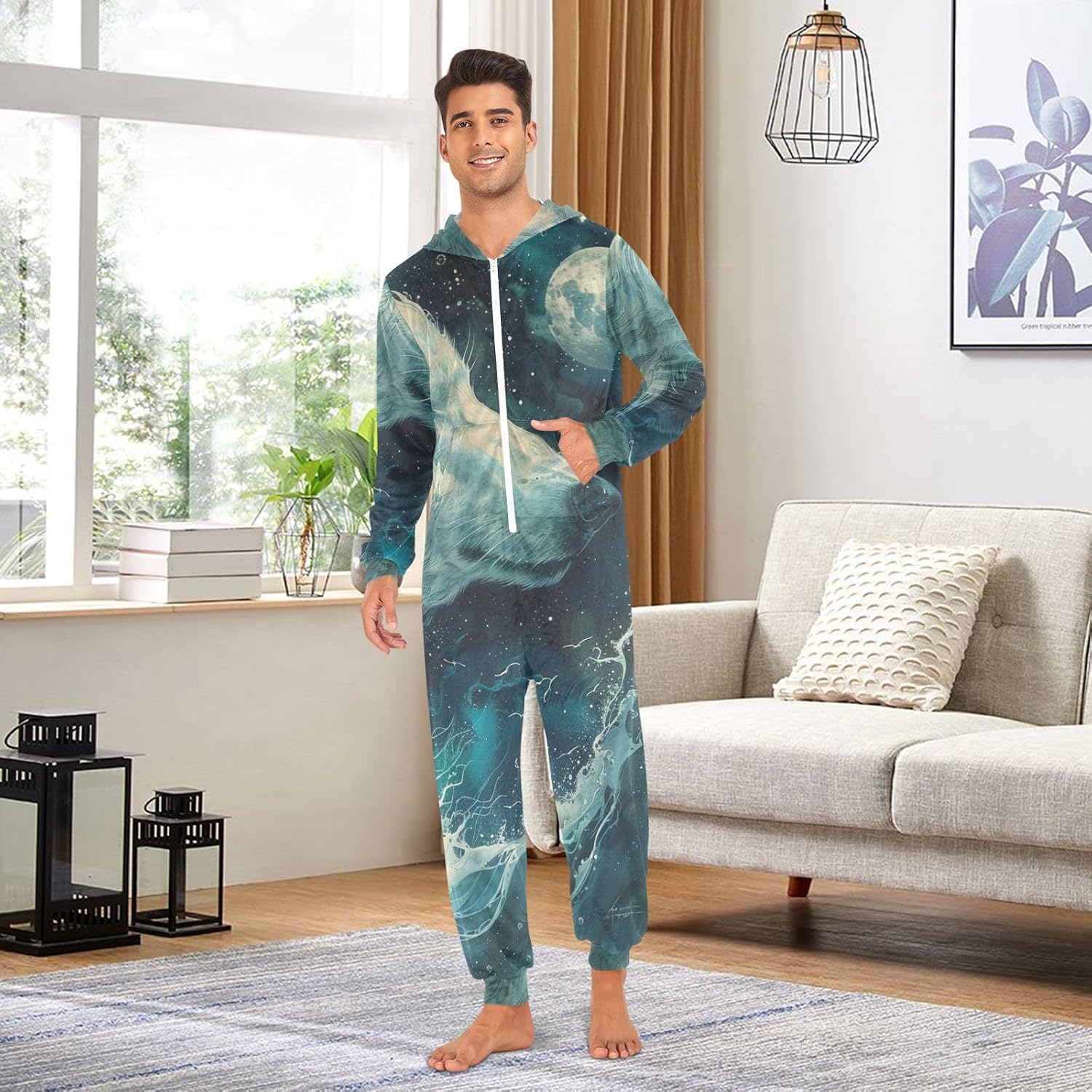 Wolf Head Moon Waves Zipper Hooded Adult Jumpsuit Pajamas with Pockets XS-3XL