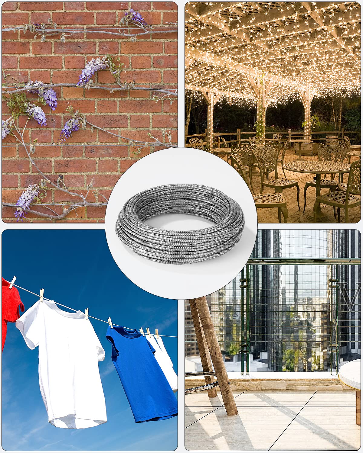 30M 304 Corde Cable Acier Inoxydable à Suspendre Kit, 3mm Câble Acier Inoxydable Revêtu Avec Tendeur fil a Linge et Crochets, pour Lumineuse, Plante Grimpante, Corde a linge