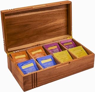 Acacia Wood Tea Bag Organizer and Storage Tea Box - 8 Compartment for Tea Bags & Sugar Packets with Gold-Tone Hinges, Gift-Inspired Design With Decorative Parcel Grooves