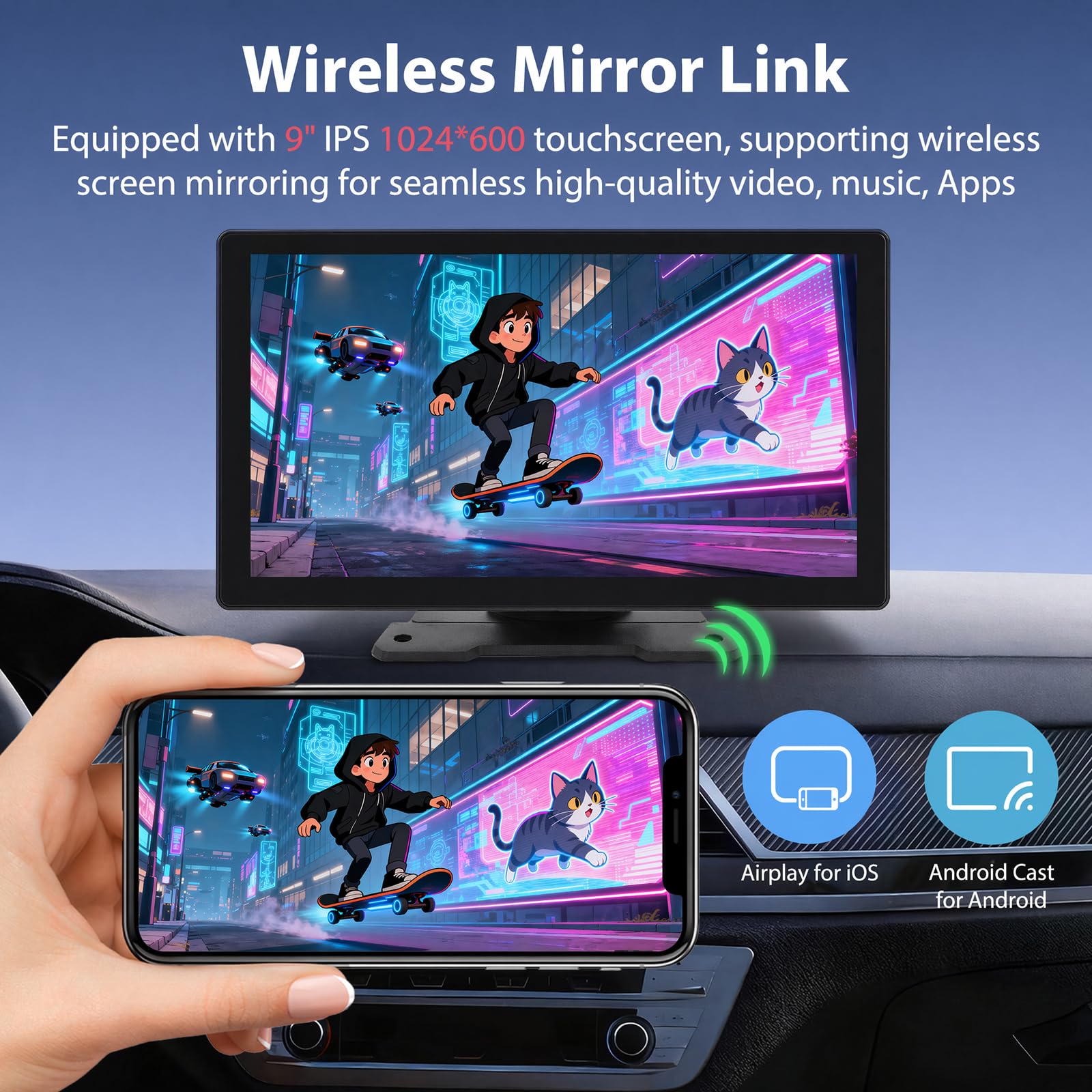Schermo 9 Pollici Wireless CarPlay Portatile con Bluetooth FM AUX, Touchscreen per Apple Android Auto, Controllo Vocale Navigazione GPS Mirror Link per Tutti i Veicoli